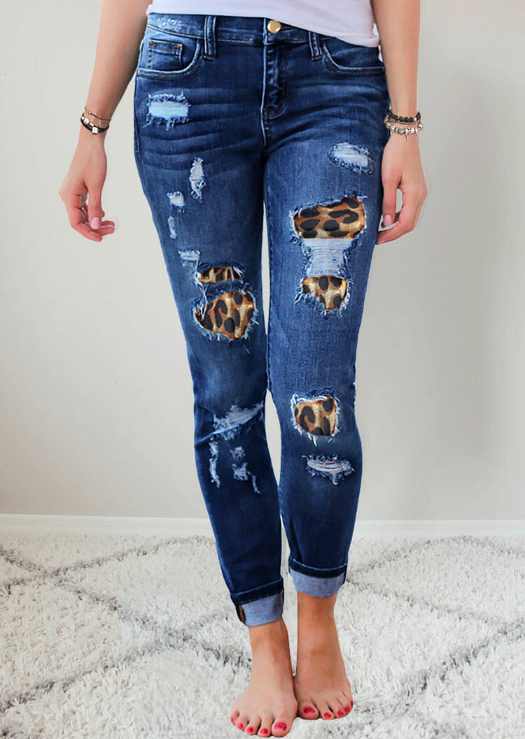 Ripped Leopard Patch Pocket High Waist Skinny Chic Jeans Blue Fannyme