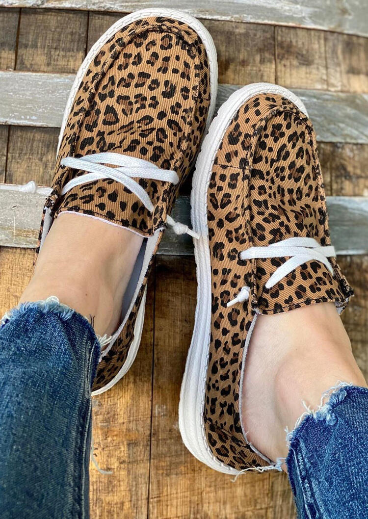 Leopard Lace Up Round Toe Flat Sneakers Fannyme