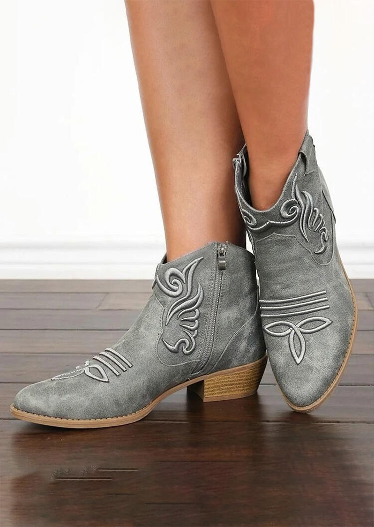 Western Cowgirl Slip On Chunky Heel Ankle Boots - Gray - Fannyme