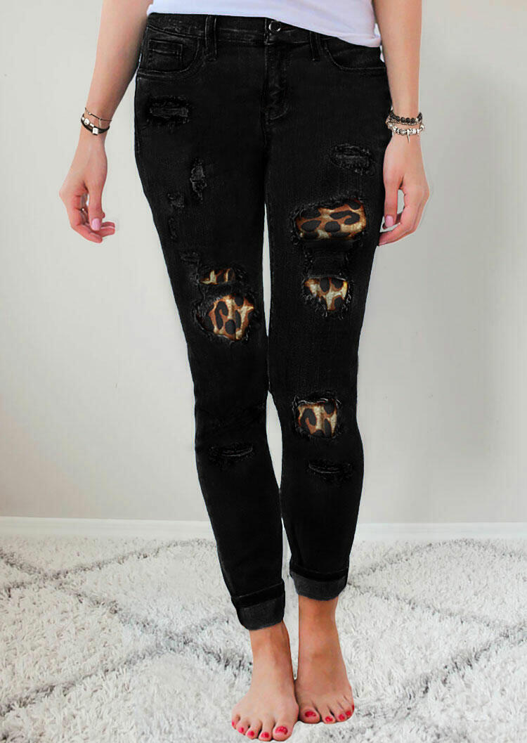 Ripped Leopard Patch Pocket High Waist Skinny Jeans - Black - Fannyme