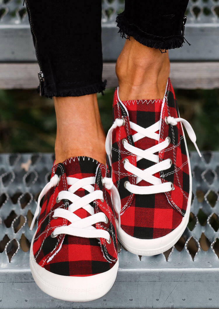 Buffalo Plaid Lace Up Flat Canvas Sneaker - Red - Fannyme