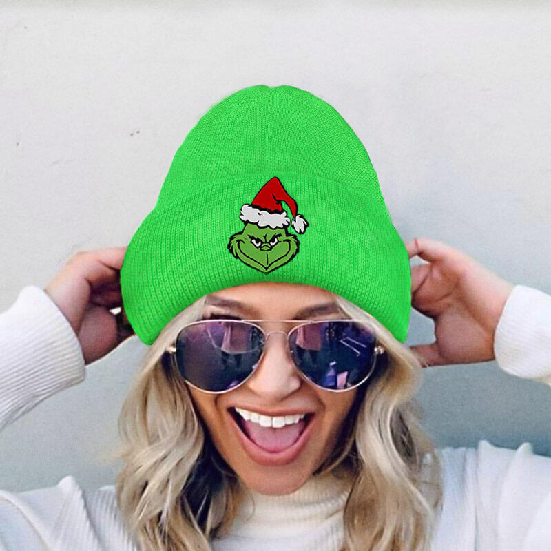 Christmas Resting Grinch Face Knitted Beanie Hat Fannyme